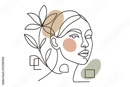 One line woman face with flower. Continuous line drawing portrait. Abstract minimalist vector for beauty, fashion, spa, cosmetics. Modern aesthetic art with geometric shapes.