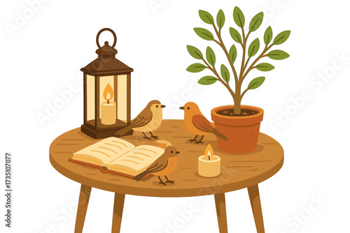 Cozy hygge composition with birds on a table with a book, lantern, candle, and plant. Scandinavian style interior scene. Concept of home comfort, warmth, and relaxation.