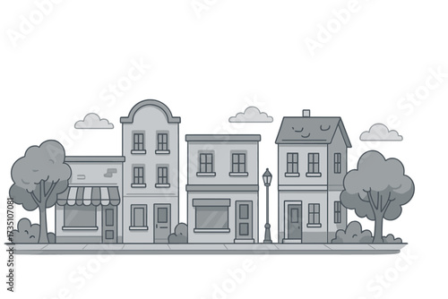 Small town main street cityscape. Grayscale flat vector illustration of a cozy city block with houses and storefronts. Urban architecture facade row. Cartoon line art background.