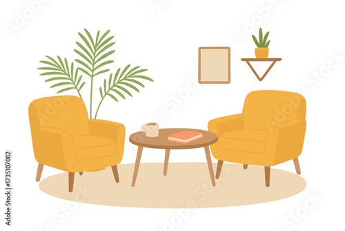 Cozy home interior in a Scandinavian style with two yellow armchairs and a coffee table. Comfortable living room furniture for a hygge home concept. Vector illustration.
