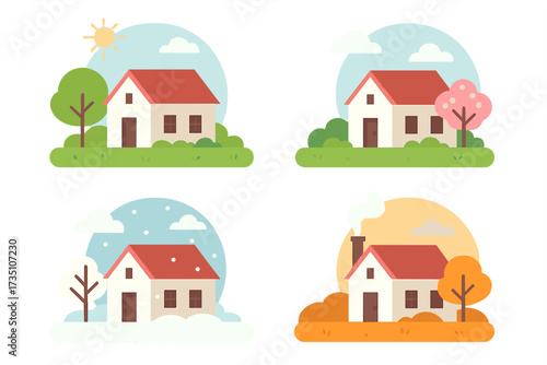 Four seasons vector illustration set. Countryside house during summer, spring, winter, autumn. Seasonal weather change concept. Home, real estate, nature landscape collection.