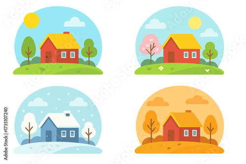 Four seasons vector set. Countryside house in different seasons: summer, spring, winter, autumn. Flat design nature landscape concept. Home illustration for year cycle weather.