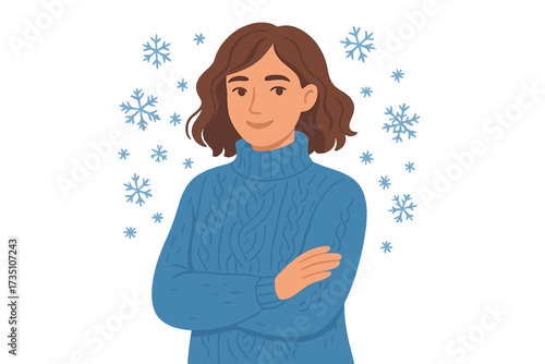 Woman in cozy blue knitted sweater enjoying winter snow. Sweater weather concept. Portrait of a happy smiling girl in cold season. Flat vector cartoon illustration isolated.