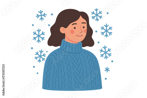 Girl wearing blue knitted sweater. Portrait of woman with snowflakes. Sweater weather concept. Winter season joy. Cold clothes. Cozy hygge lifestyle. Female flat vector character.