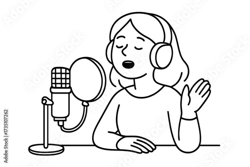 Girl recording voice for podcast. Woman presenter in headphones speaks into microphone. Female singer singing in studio. Radio host broadcasting. Vector line art illustration.