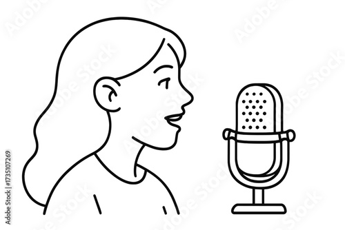 Podcast concept woman speaking in microphone. Female face in profile. Radio host, audio record, interview, broadcast. Blogger, streamer. Voice, speech. Vector linear illustration.
