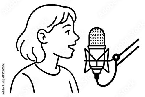 Woman speaking into microphone for podcast. Female radio host broadcasting live. Girl recording audio for stream or voice over. Simple line art vector illustration concept.