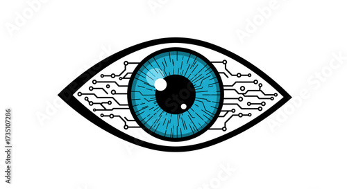 A stylized eye with a blue iris and circuit boardlike eyelashes set against a white background