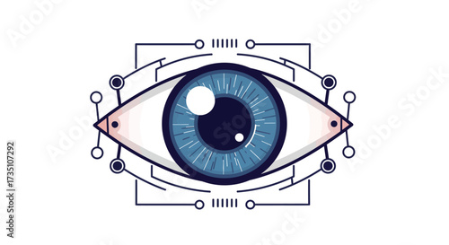 A stylized eye with a blue iris and technological details around it