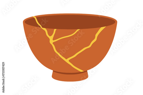 Kintsugi, Japanese art of repairing broken pottery with gold lacquer. Kintsukuroi vector illustration. Wabi-sabi philosophy. Concept of beauty in imperfection and resilience.