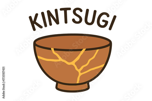 Kintsugi vector lettering. Japanese art of repairing broken pottery with gold. Wabi sabi philosophy concept illustration. Golden joinery for restoration and healing metaphor.