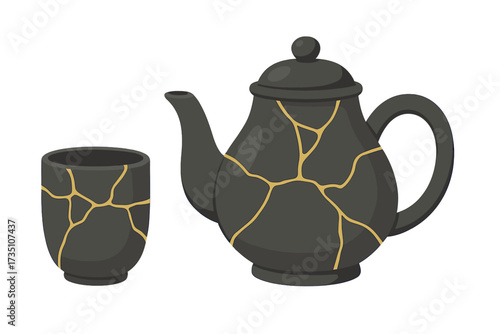 Kintsugi pottery composition. Japanese ceramic tableware illustration. Crackle cup and teapot with gold lines. Antique handmade restoration and repair concept. Wabi sabi.