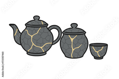 Kintsugi pottery set vector illustration. Japanese art of repairing broken ceramics with gold. Antique handmade tableware, teapot, cup and jar. Wabi-sabi restoration concept.