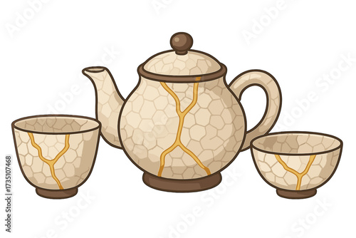 Kintsugi pottery tea set vector illustration. Japanese antique restored ceramics with gold lines. Teapot and cups showing the beauty of imperfection and wabi-sabi concept.