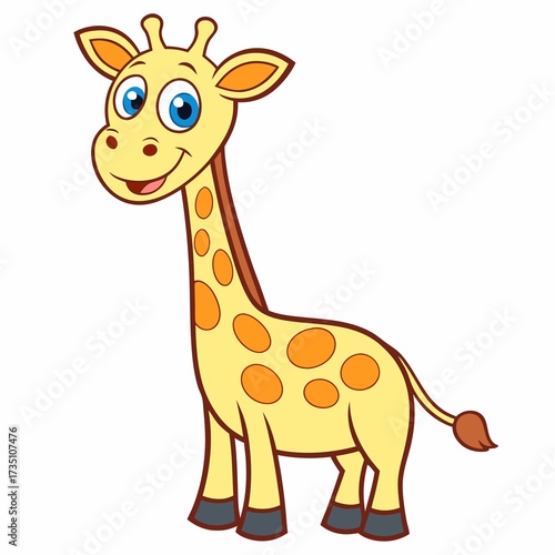 Cheerful Cartoon Giraffe with Big Blue Eyes Standing Tall and Smiling Happily on a White Background Creating a Playful Image