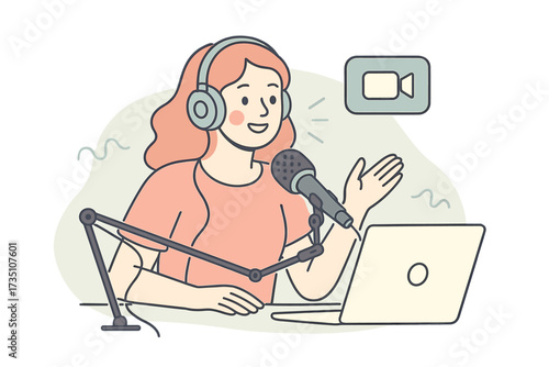 Podcasting concept with woman recording a show. Female host, vlogger, or streamer makes new content for social media blog. Video broadcast or webinar in a studio. On air.