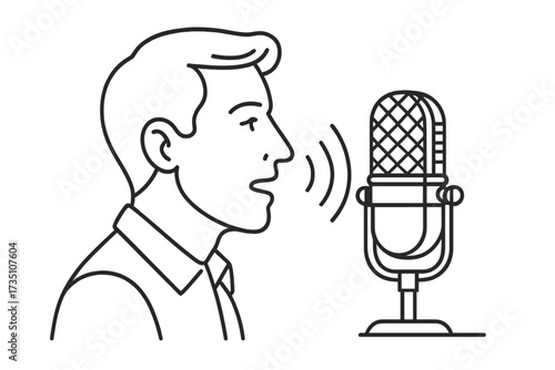 Man speaks in microphone. Record podcast, radio broadcast, tutorial. Male face in profile making speech. Audio chat, voiceover, sound recording concept. Vector line art icon.