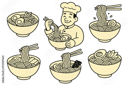 Ramen doodle set. Hand drawn Japanese noodle soup collection. Asian food icon pack with chef, chopsticks, and ramen bowls. Vector line art cartoon illustration for restaurant menu.