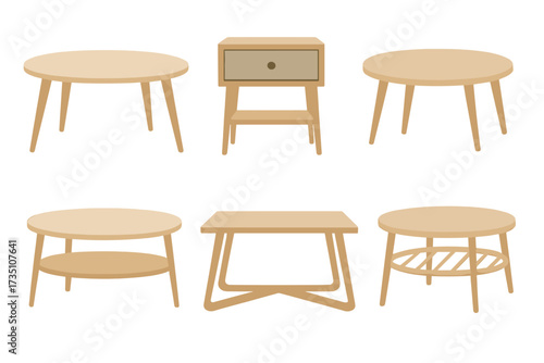 Set of Scandinavian style furniture. Wooden coffee tables, side table and nightstand for living room interior. Modern minimalist home decor. Flat vector illustration.