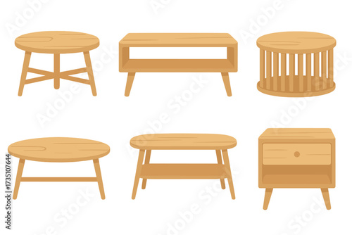 Scandinavian style furniture set. Wooden coffee table, end table, nightstand collection. Modern mid-century interior design elements. Flat vector illustration for home decor.