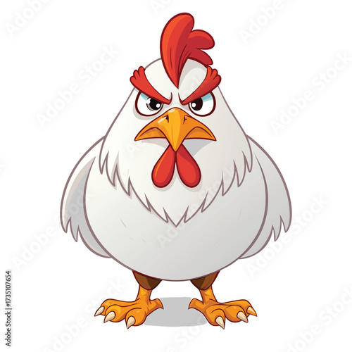 Cartoon Angry Chicken with Red Comb and Yellow Beak Staring Intensely Showing Dominance and a Furious Temperament