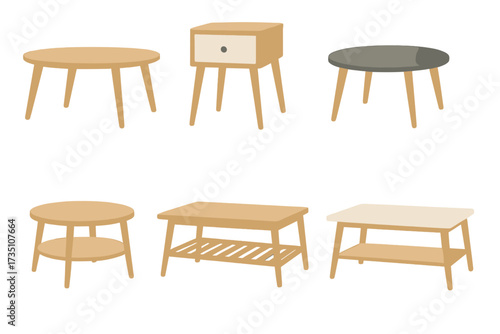 Vector set of Scandinavian style wooden furniture. Coffee tables and bedside tables for modern living room interior. Mid-century minimalist decor elements isolated on white.