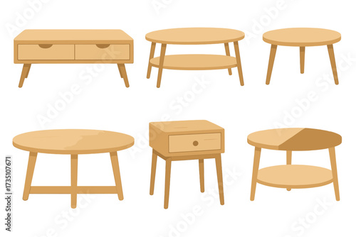 Set of Scandinavian style wooden furniture. Coffee table, end table, and nightstand collection for living room interior design. Mid-century modern home decor vector illustration.