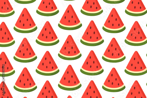 Watermelon slice seamless pattern vector background. Fresh summer fruit illustration. Red juicy melon with seeds. Healthy food texture for print. Cartoon flat design on white.