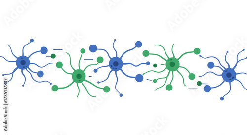 Blue and green neurons communicating through synapses on a white background