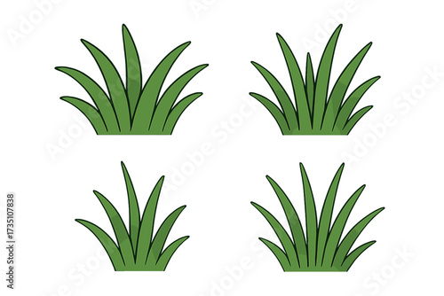 Set of green grass clumps. Hand drawn vector illustration of grass tufts. Cartoon style lawn, meadow, or garden plant element for spring or summer design. Flat eco nature icon.