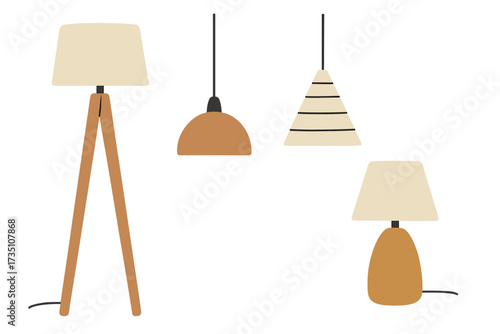 Scandinavian lamp set illustration. Modern floor, pendant, and table lighting fixtures. Hand drawn flat vector icons for interior design. Boho home decor elements concept.