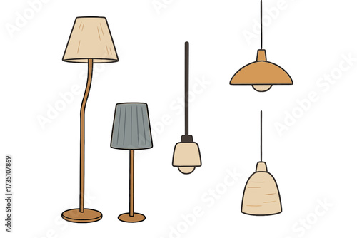 Set of lighting fixtures. Floor lamp, table lamp, and pendant light collection for home decor. Scandinavian, boho style interior design elements. Modern flat vector illustration.