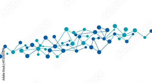 Blue and teal dots connected by lines form a networklike structure against a white background
