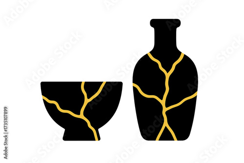 Kintsugi golden repair vector icon. Cracked pottery bowl and vase silhouette. Japanese art and wabi-sabi philosophy. Concept of healing, recovery, mental health, imperfection.