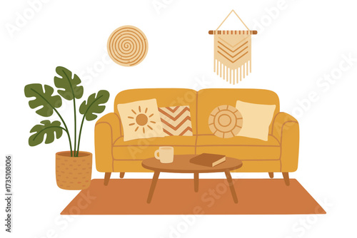 Boho scandinavian living room interior design. Cozy yellow couch with pillows, monstera plant, coffee table and macrame. Modern hygge home decor concept. Flat vector illustration.