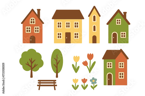 Cute town constructor set with houses, trees, flowers, and bench. Vector flat design elements for city illustration. Real estate icons for spring season and infographics.