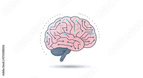 Brain with circuit patterns in pink and blue hues accented by grey dashes and dots