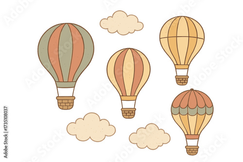 Vintage hot air balloon set collection. Hand drawn retro aerostat with clouds. Cute childish cartoon vector illustration for nursery decor, baby shower. Adventure travel concept.