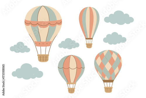 Vintage hot air balloon set. Hand drawn retro air balloons, clouds for adventure. Flat vector illustration in childish pastel colors. Cartoon sky travel transport elements.