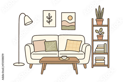 Vector illustration of a modern living room. Simple Scandinavian interior with couch, lamp, and bookshelf. Cozy Hygge home decor concept with plants and pictures. Flat line art.