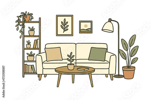 Scandinavian living room interior. Cozy home hygge concept. Modern furniture, sofa, plants, bookshelf, lamp. Stylish apartment decor. Flat design vector illustration.