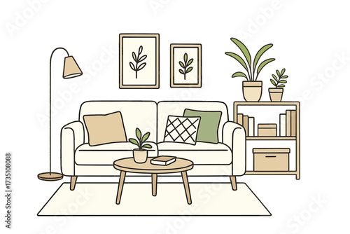 Scandinavian living room interior design. Cozy home decor with sofa, coffee table, bookshelf and plants. Modern minimalist furniture arrangement. Vector illustration for hygge lifestyle.