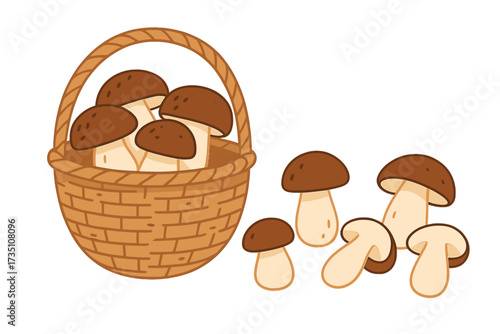 Wicker basket porcini mushrooms. Wild edible forest fungus. Set of whole and sliced boletus. Food ingredient. Foraging harvest concept. Vector cartoon flat illustration.