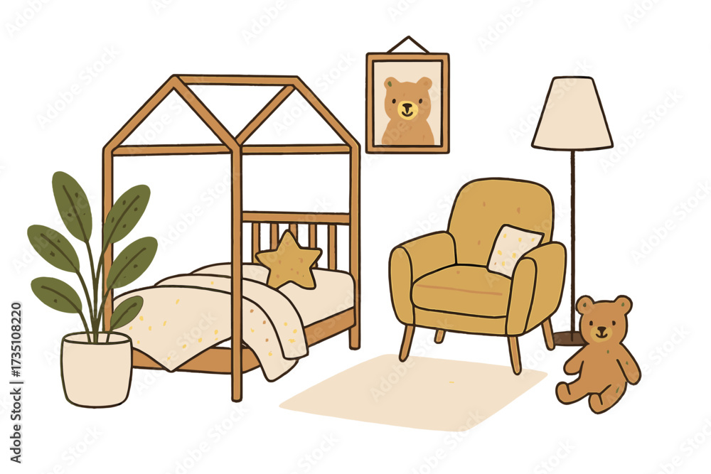 Fototapeta premium Cozy children's room interior in hand-drawn scandi style. Trendy cute nursery with Montessori bed, armchair, and teddy bear toy. Flat cartoon vector illustration for kids.