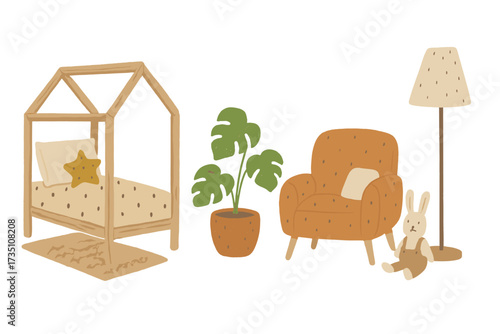 Hand drawn scandi nursery furniture set. Children's room interior with house bed, armchair, plant, and lamp. Cute kid's bedroom decor elements. Cozy home vector illustration.