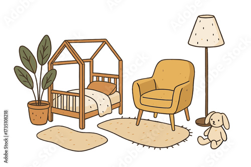 Kids room interior collection. Hand drawn scandi boho style furniture set. Toddler house bed, armchair, floor lamp, plant, toy. Cute nursery decor vector illustration.