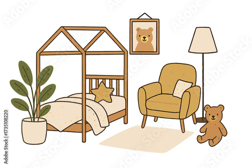 Cozy children's room interior in hand-drawn scandi style. Trendy cute nursery with Montessori bed, armchair, and teddy bear toy. Flat cartoon vector illustration for kids.