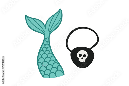 Pirate and mermaid love concept vector. Hand drawn cute mermaid tail and pirate eye patch with skull icon. Fantasy sea adventure, summer romance, ocean fairytale characters set.