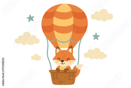 Cute fox on a hot air balloon in the sky. Children's illustration for nursery. Vector flat hand-drawn cartoon. Adorable animal character flying on an adventure journey.