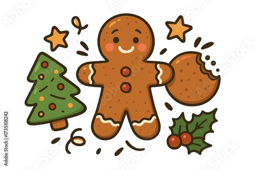 Official cookie tester Christmas quote with cute gingerbread man cartoon. Vector holiday illustration with gingerbread, christmas tree, holly and stars. Funny winter season design.
